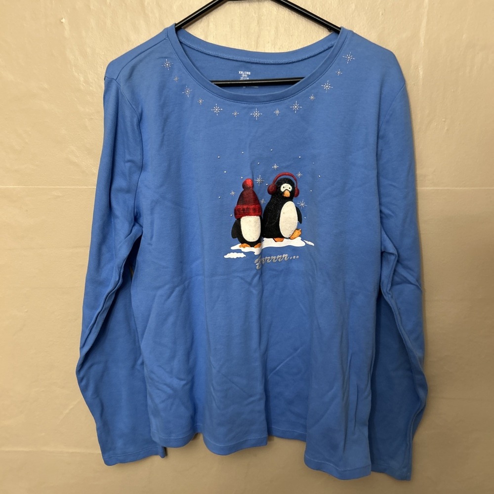 Women XXL Lot 3 Tops Holiday Penguins Gingerbread Red Blue
